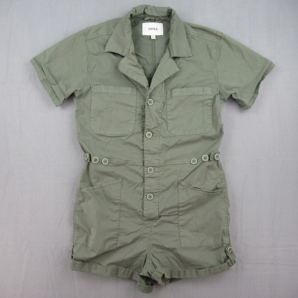Pistola Romper Women M Green Short Sleeve Button Front Utility P1948ROF-COL